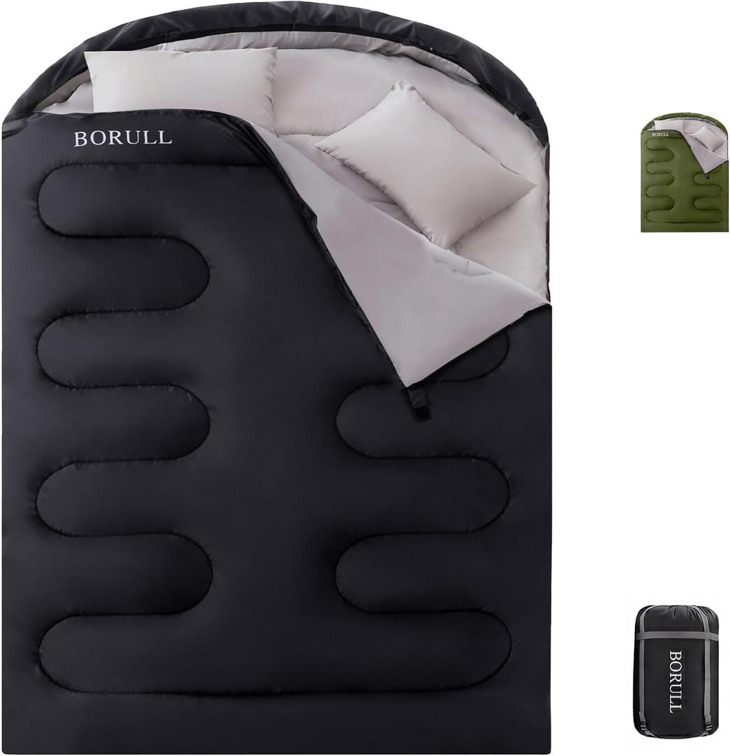 Double Sleeping Bags for Adults Camping with 2 Pillows Queen Size, Double 92"x63"（40°F-65°F）