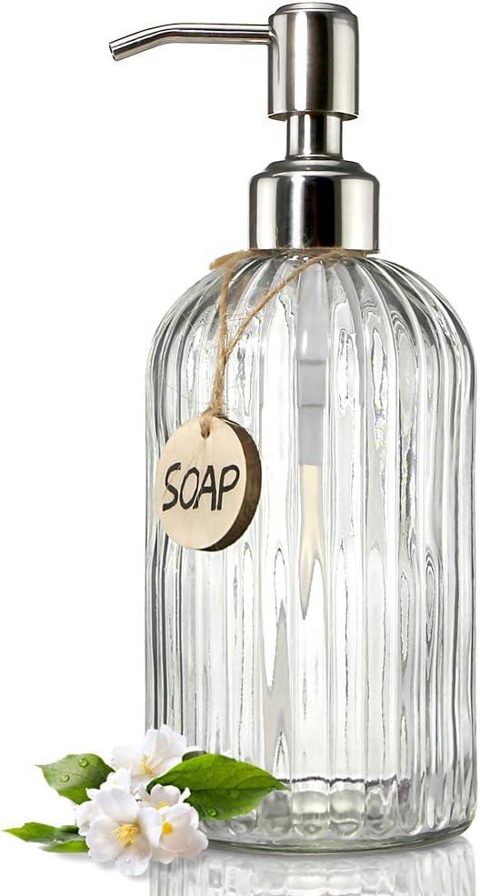 JASAI 18 Oz Clear Glass Soap Dispenser with Rust Proof Stainless Steel Pump, Refillable Liquid Hand soap Dispenser for Bathroom, Premium Kitchen Soap Dispenser (Clear) with Metal Stand 