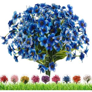 Outdoor Artificial Fake Flowers,24 Bundles UV Resistant Faux Outdoor Plastic Flower Plants for Outside Indoor Decorations(Blue)