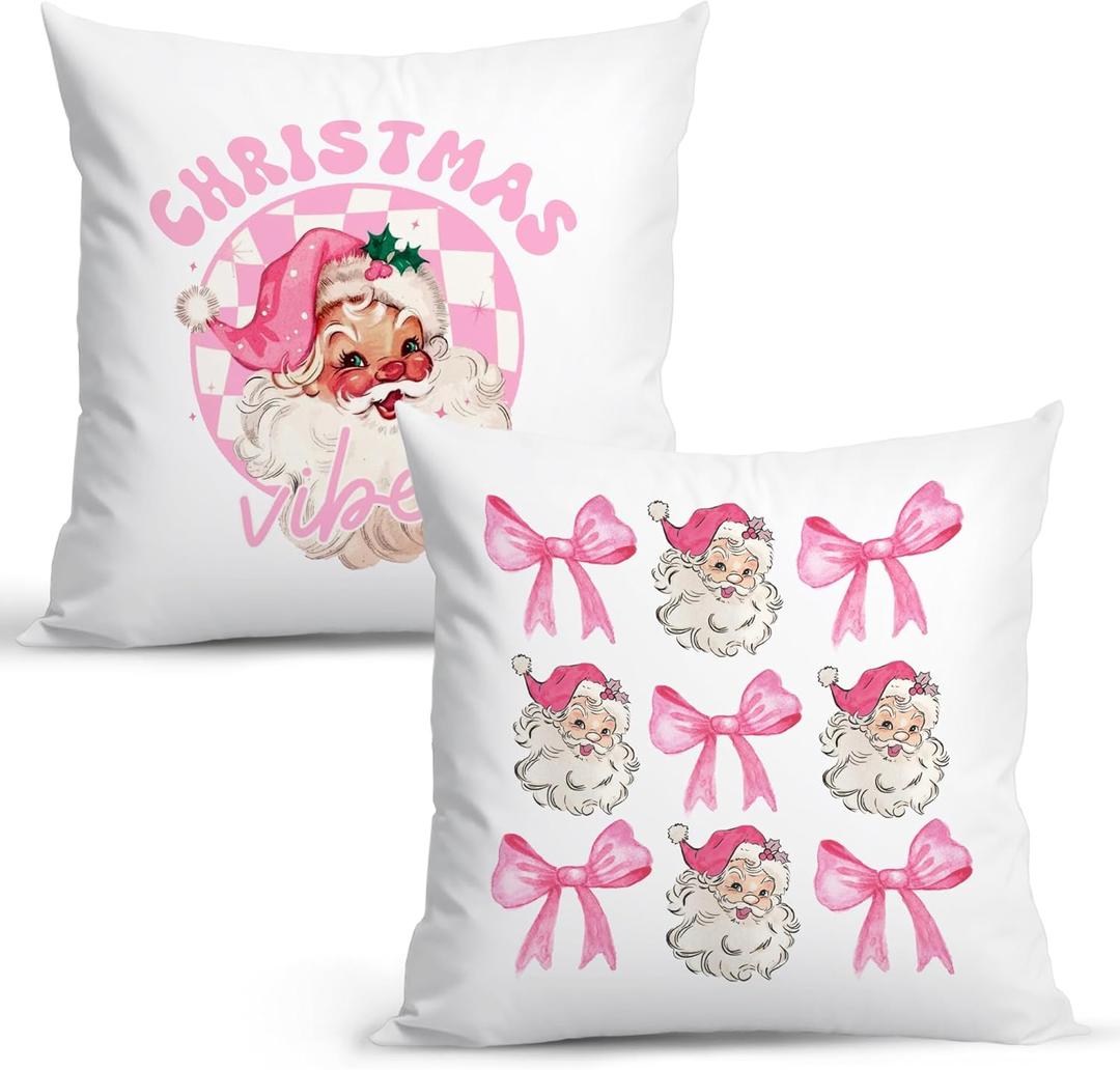 Coquette Pink Bow Christmas Pillow Covers - 18x18, Vintage Santa Decor for Living Room, Bedroom, Office - Set of 2