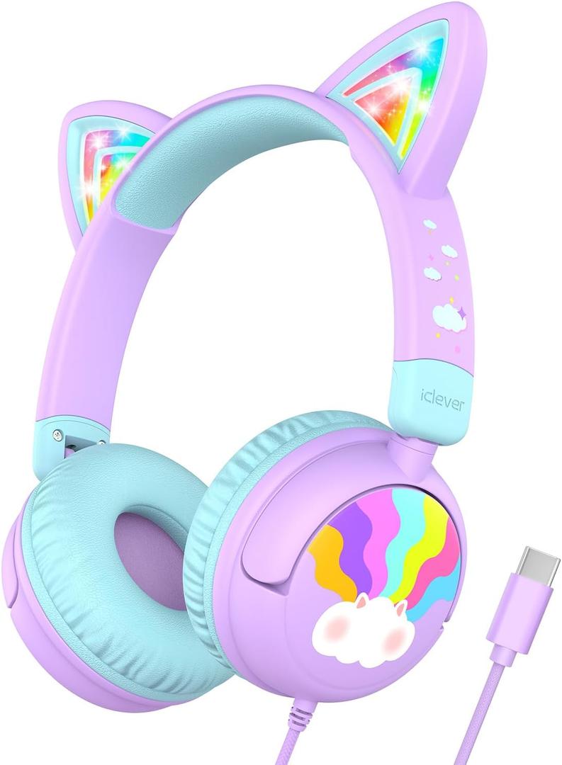 iClever Kids Headphones USB C, LED Light Up, 85dBA Safe Volume, Stereo Sound Toddler Headphones for Travel School, Kids Headphone with Cord for iPad Tablets, Meow Lollipop-Purple