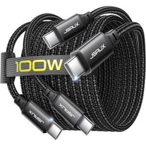 JSAUX 100W USB C to USB C Cable [2-Pack 6.6FT], Type C Fast Charging Cable Compatible with iPhone 16/16 Plus/16 Pro Max/iPhone 16e, iPhone 15 Series, Galaxy S25/S24/S23/S22, MacBook, iPad, Pixel-Black (6.6ft+6.6ft)
