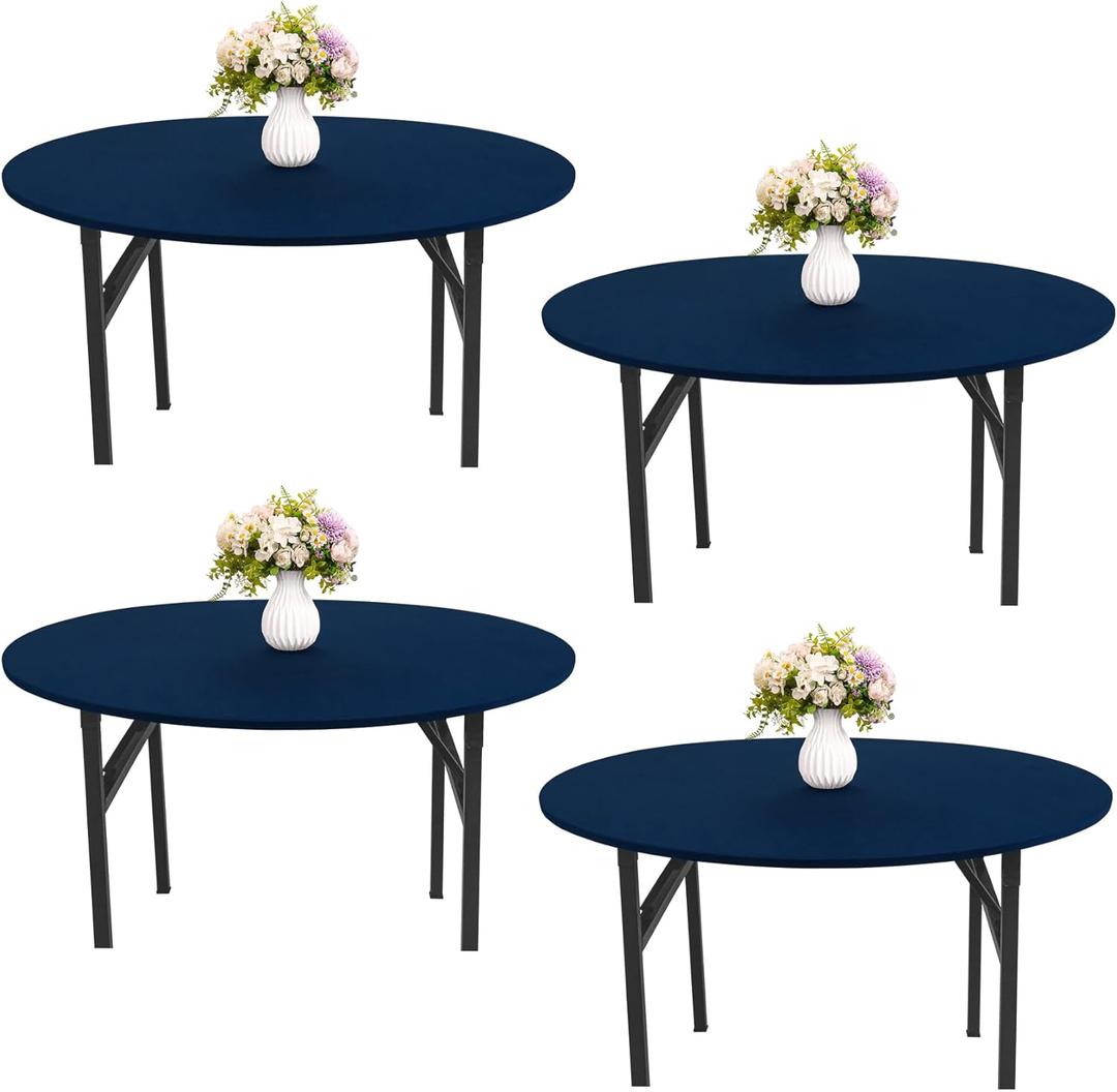 4 Pieces Round Spandex Tablecloth Stretch Fitted Table Cover for 6 Foot Tables Washable Elastic Tablecloth for Indoors Outdoors (Navy Blue)