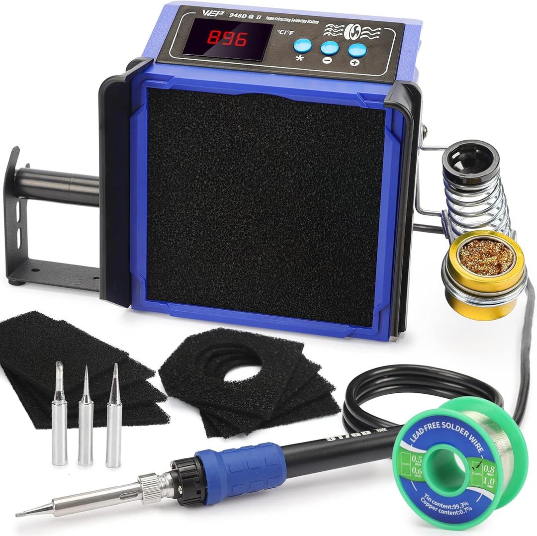 WEP 948DQ-II Double Filter Fume Extractor Soldering Iron Station 2-in-1 Solder Smoke Absorber, Soldering Fan with PID Control,℉/℃, Sleep Mode, Tip Cleaner, 3 Soldering Tips, 35g Solder