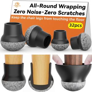 32pcs Chair Leg Floor Protectors for Hardwood Floor |Protect Wood Tile Floors Chair Leg Caps with Wrapped Felt Pads| Anti-Scratch Reduce Noise |Fit Angled Chair Legs| Black Round S Fit:0.6"-0.75"