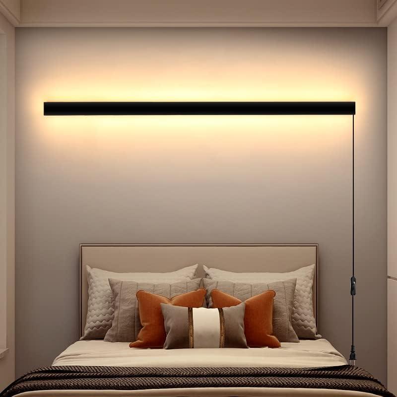 Modern Plug in Long Wall Sconce, 39" Black Matte LED Wall Lights, 20W Warm White 3000K Acrylic Indoor Wall lamp, with 59" Plug Cable for Bedroom, Living Room, Hallway
