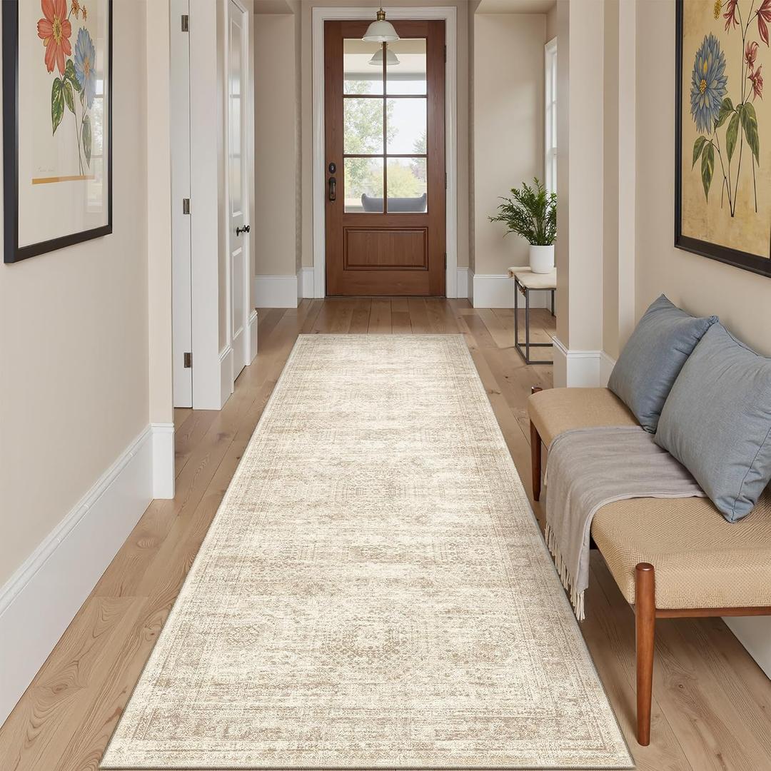 Washable Runner Rug, 2'6" x 8' Non-Slip Kitchen Vintage Foldable Hallway Runners for Entryway, Laundry, Bedroom, Beige