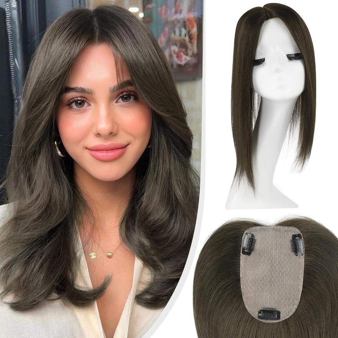 Hair Toppers for Women Real Human Hair,100% Unprocessed Virgin Human Hair Topper 14 Inch Large Silk Base Upgrade Hair Pieces for Women with Thinning No Bangs for Add Volume (Dark Brown)