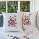 Pillow Covers 18 x 18 Inches Set of 2 Beige Soft Throw Pillow Covers with Red Rose Farmhouse Decoration Exquisite Embroidery Cushion Covers for Home Bed Couch Sofa