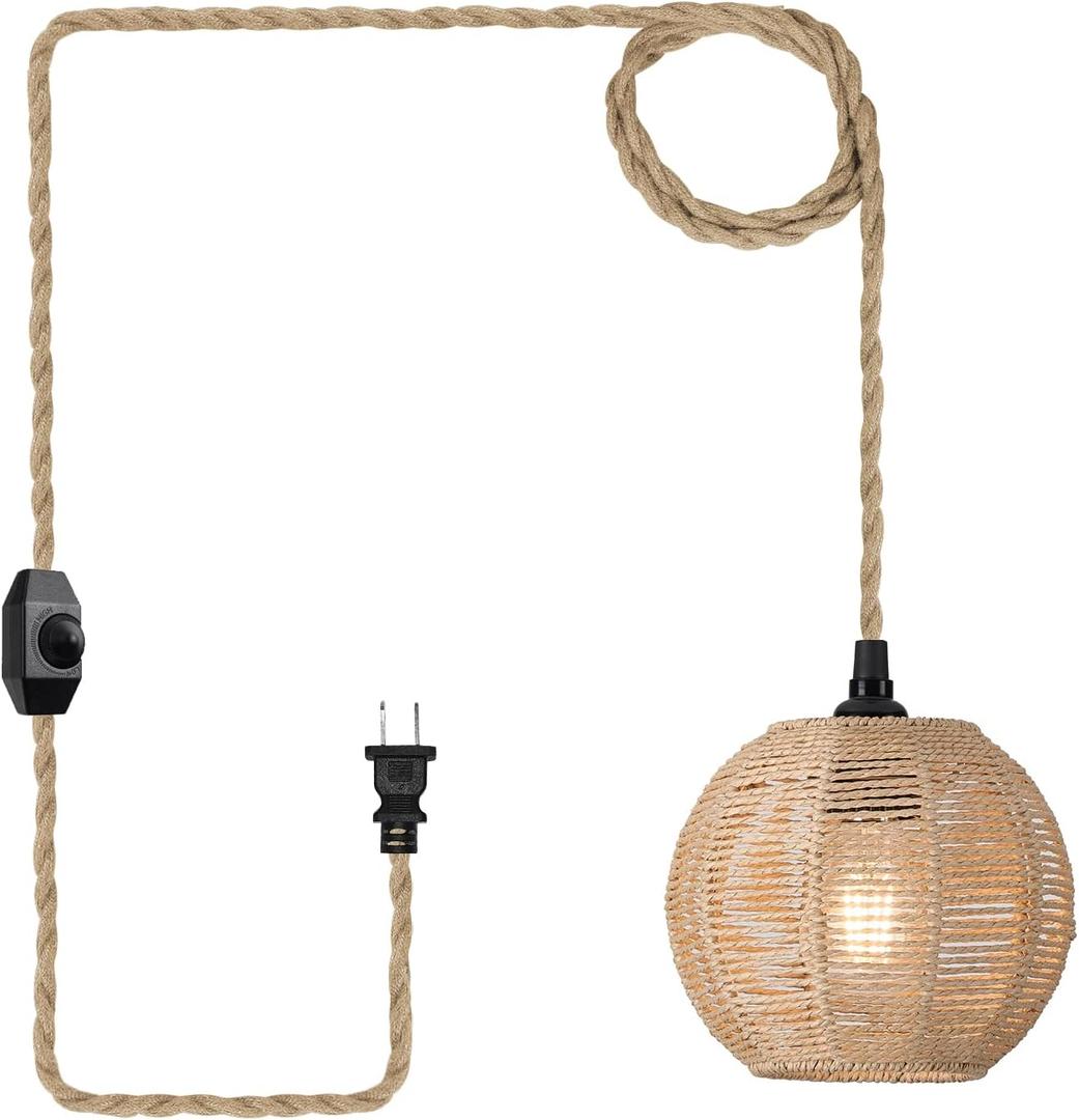 15ft Plug in Pendant Light with Cord Dimmable Switch Rattan Hanging Lamp with Hand Woven Wicker Plug in Chandelier Boho Hanging Lights Fixture for Bedroom Kitchen Hallway Foyer