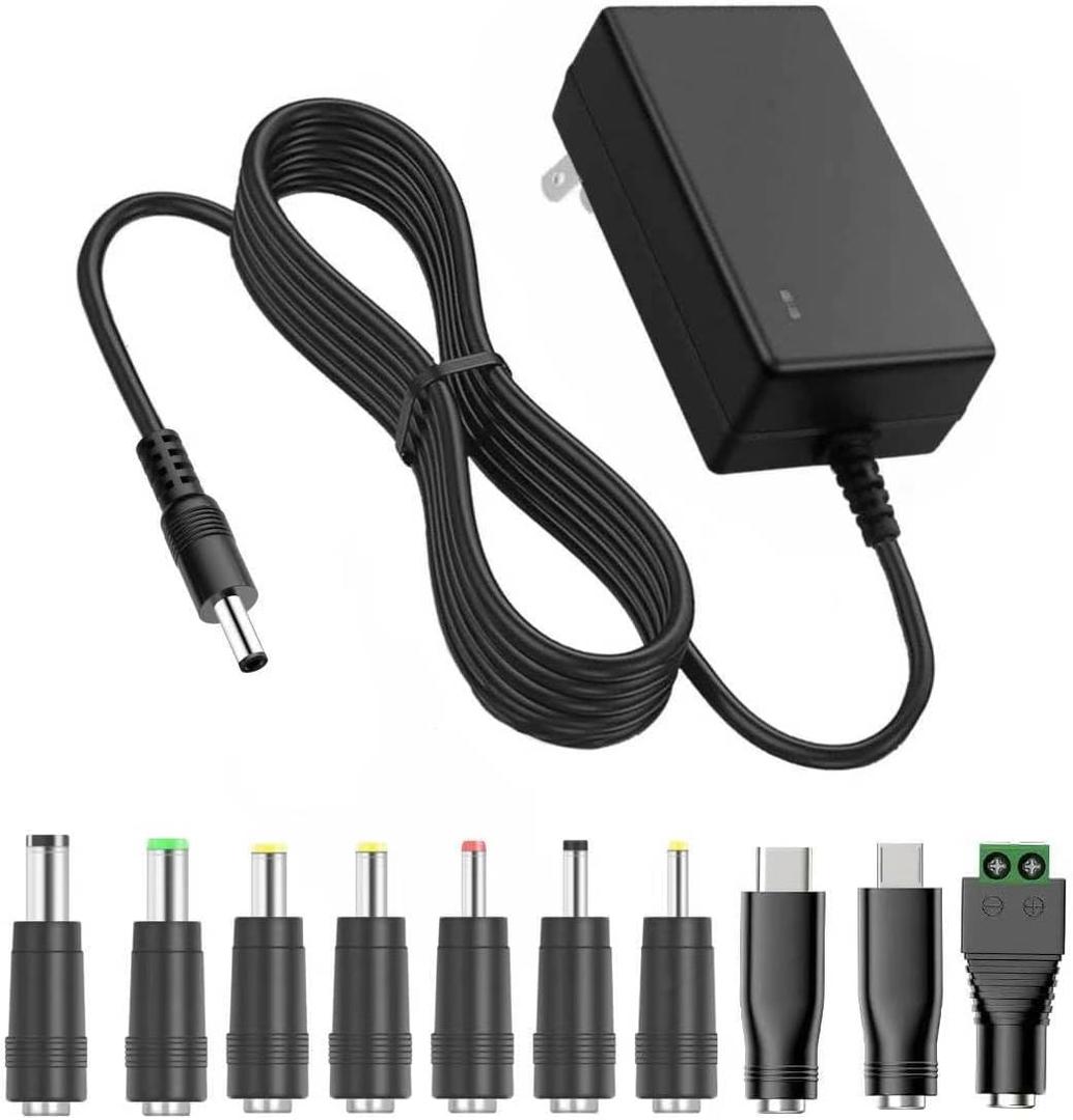 12V 2A Power Supply AC DC Adapter with 10 Tips, Universal DC in 12 Volt 2 Amp Power Cord, Converter Transformer 100-240v, 50/60HZ, 5.5x2.5mm DC Output Jack