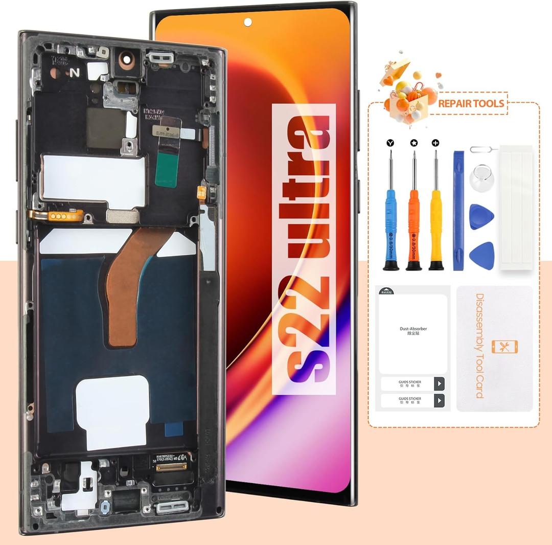 AMOLED Screen for Samsung Galaxy S22 Ultra 5G Screen Replacement S22 Ultra 5G LCD Screen SM-S908B Touch Display Digitizer Assembly Repair Parts with Frame(US Version,with Fingerprint Function)