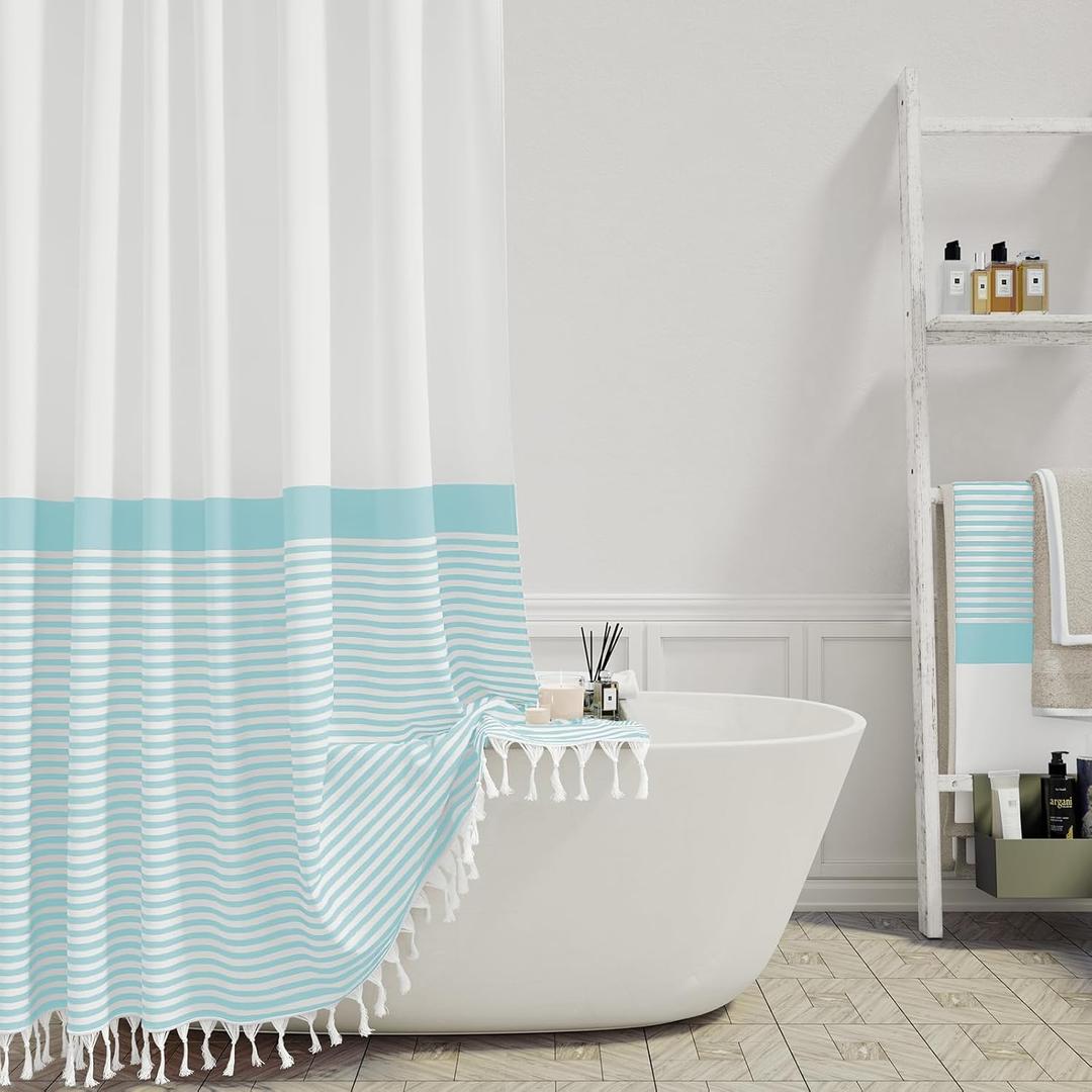 Dynamene Light Blue Fabric Shower Curtain, Farmhouse Boho Striped Tassel Shower Curtain for Bathroom, Bohemian Textured Cloth Shower Curtain Set with Hook, Water Repellent, Wrinkle Free, 72x72