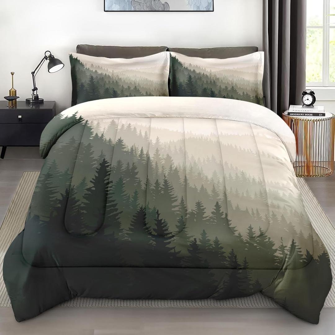 Comforter Set Twin Size, Mountain Pine Tree Soft 2 Pcs Bedding for Kids and Adults Natural Forest Landscape Comforter Set with Pillowcase for Bedroom Bed Decor