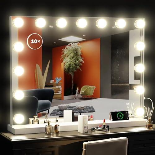 DEXHOM Vanity Mirror with Makeup Lights, 22.8"x18.2" Lighted Tabletop Mirror with USB & Type-C Charing, Large Hollywood Light up Mirrors w/ 15 LED Bulbs for Bedroom Tabletop & Wall Mounted (White)