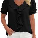 PRETTYGARDEN Women's Summer Dressy Casual Blouses 2026 Short Sleeve V Neck Ruffle Business Work Tops Trendy Spring Outfits (Black, M)