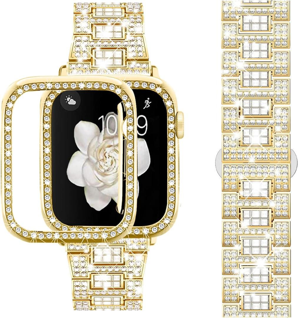 SUPOIX Compatible with Apple Watch Band 45mm + Case, Luxury Shiny Diamond Replacement Metal Strap for Women & Soft TPU Bumper Protective Case for iWatch Series 9 8 7(45mm, Gold)