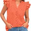 ZESICA Women Eyelet Spring Summer Tops Dressy Casual V Neck Ruffle Cap Sleeve Cotton Boho Shirts Embroidered Blouses 2026(L)