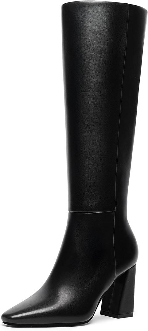 Meolee Knee High Boots for Women Square Toe Chunky High Heel Tall Boots Fashion Long Boots with Side Zipper (8, Black)
