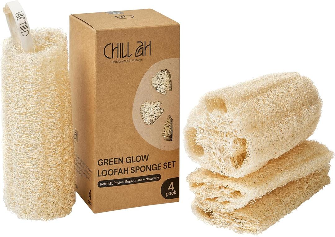 Chill Ah Natural Loofah Sponge Set  100% Plant-Based, Dye-Free, Biodegradable Bath Exfoliator for Glowing Skin  Handcrafted in Vietnam (4-Pack)