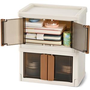 TRZZ Mini Plastic Storage Crate, Desk Organizer with Lid, Foldable Cute Boxes with Door, Stackable Home Organization and Storage Crate for Office, Kitchen, Bedroom, Bathroom, 2 Pack (8.6"x6.1"x5.1")