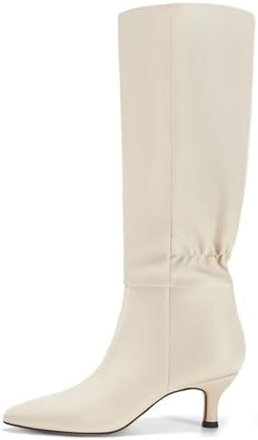 Coutgo Womens Kitten Heel Knee High Boots Pointed Toe Tall Boots Pull On Winter Dress Long Boot Shoes, Size 8, Beige
