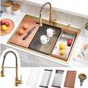 33x22 Drop in Kitchen Sink with Faucet - Gold Single Bowl, 33x22x10 Inch