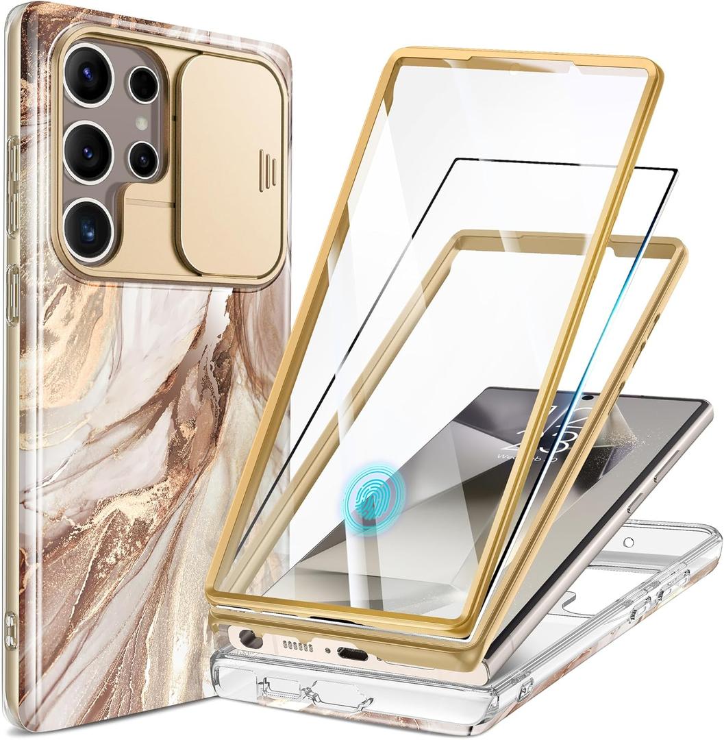 GVIEWIN for Samsung Galaxy S24 Ultra Case, [Slide Camera Cover & Built-in Screen Protector] [2 Front Frame] Military Grade Shockproof Marble Phone Case for S24 Ultra 6.8" (Topaz/Gold)
