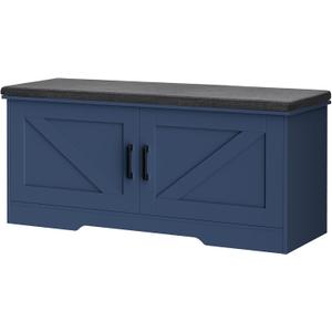 2-Tier Storage Bench, 39.4" Wide Shoe Bench with Padded Seat Cushion, Entryway Bench with 2 Barn Doors and Adjustable Shelf, Blue