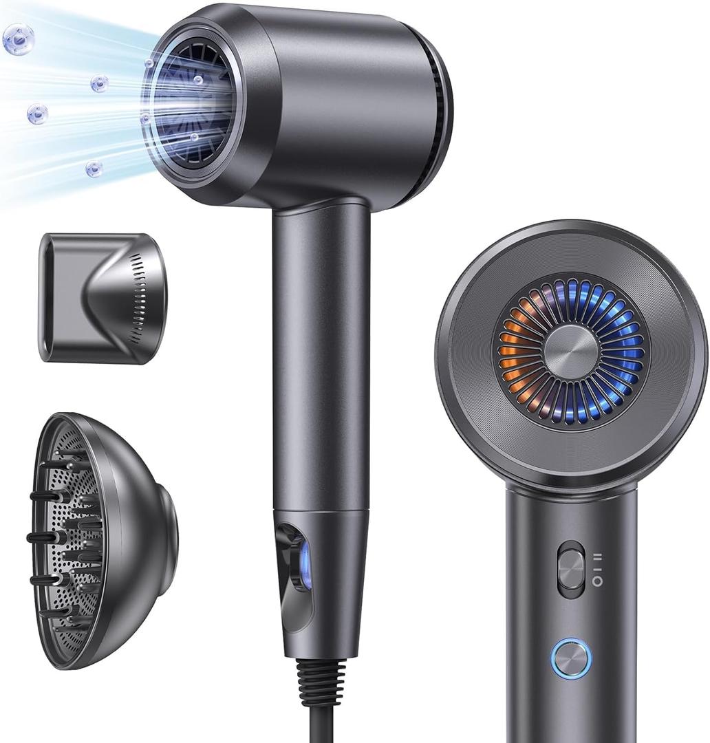 Hair Dryer with Diffuser, Fast Drying 1500W Motor &10,5000 RPM, Professional Hair Dryer with 500 Million Ions for Curly and Straight Hair Low Noise/Lightweight/Mini, Great for Travel and Home(Gray)