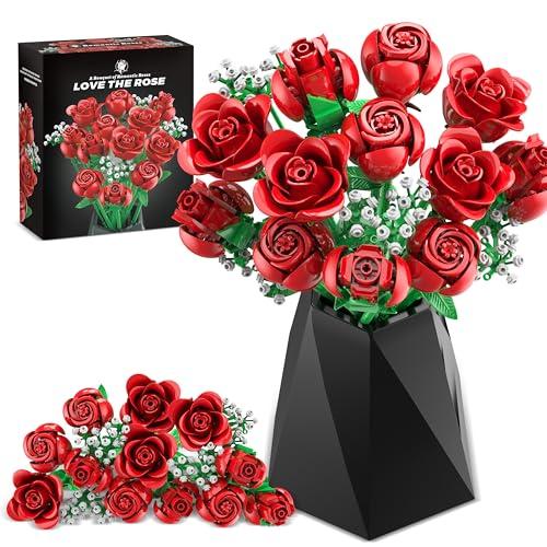 Sopu Red Rose Bouquet Building Set, 960PCS Roses Artificial Flowers Botanical Collection for Dinner Table Home Decor, Gift for Mothers Day Mom Birthday Gifts Flower Home Decor