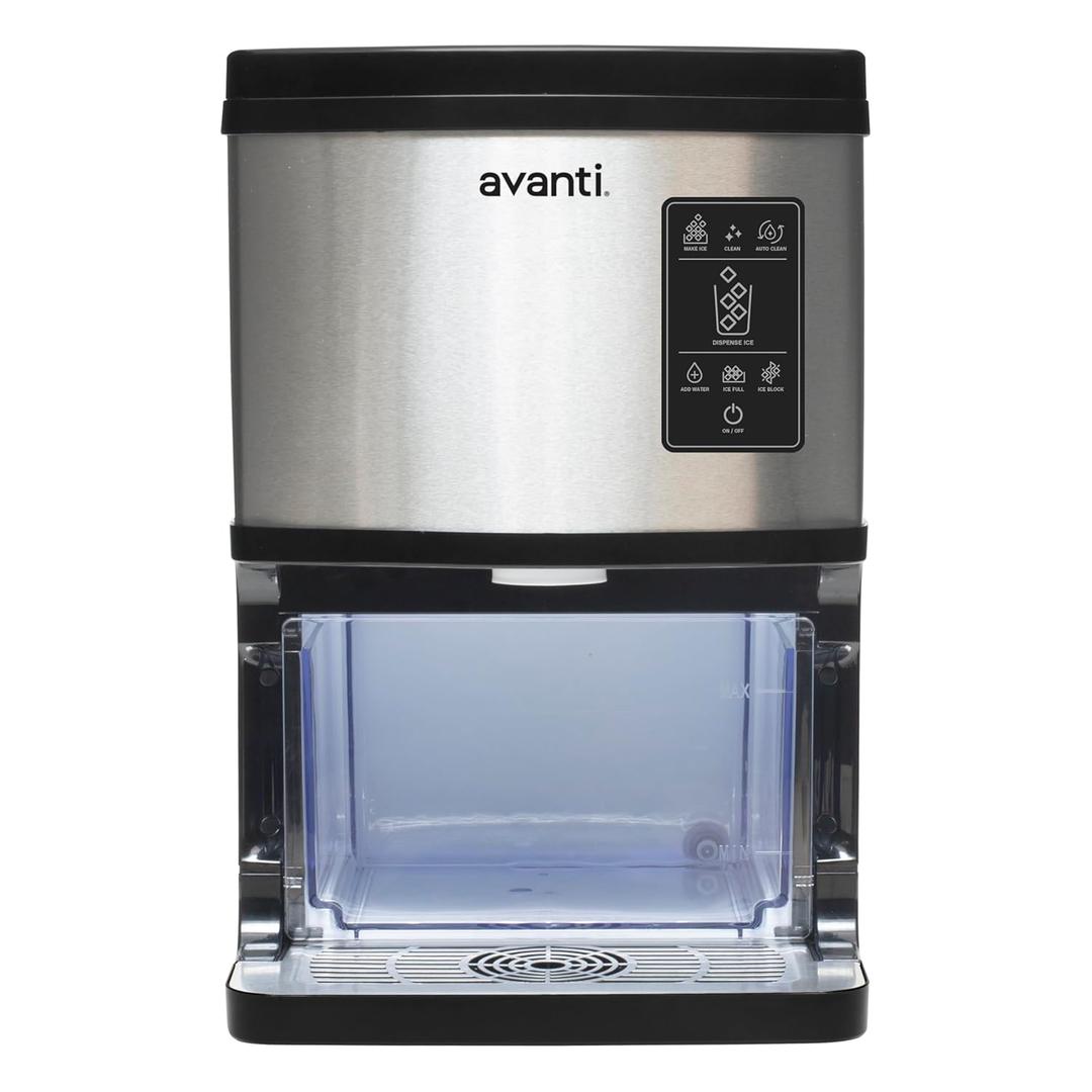 Avanti Nugget Ice Maker with Digital Controls and Dispenser Countertop Use Self-Cleaning Makes 33lbs of Chewable Ice Per Day, Includes Ice Bin, 195-Watts, Stainless Steel Avanti Nugget Ice Maker with Digital Controls and Dispenser Countertop Use Self-Cleaning Makes 33lbs of Chewable Ice Per Day, Includes Ice Bin, 195-Watts, Stainless Steel