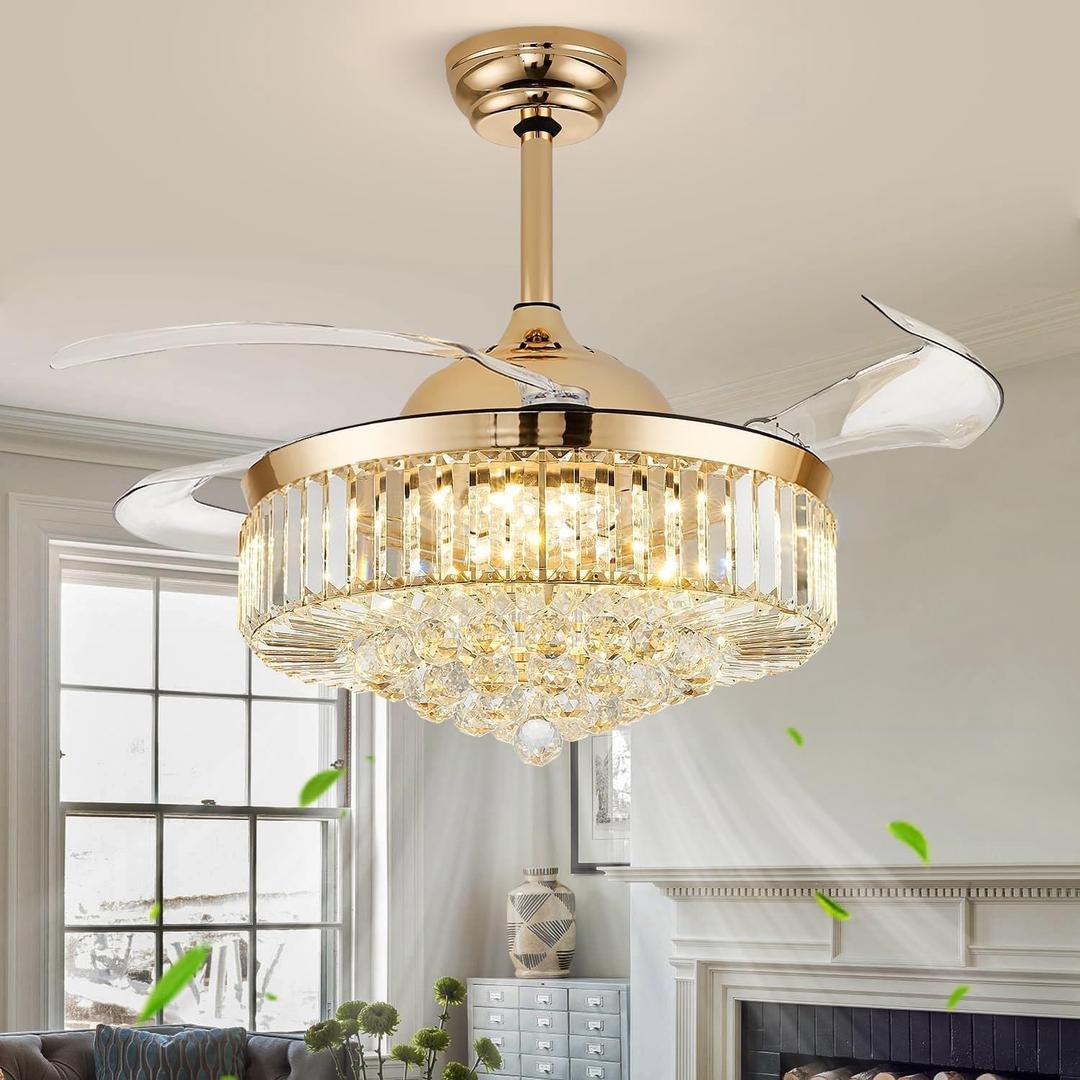 42'' Fandelier Ceiling Fans with Light, Chandelier Ceiling Fan, Retractable Crystal Ceiling Fan for Bedroom, Living Room, 3 Color Change, LED Dimmable, 6 Speeds, Reversible DC Motor-Gold