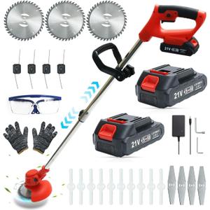 Cordless Weed Wacker with 2 Batteries, Lightweight Electric Weed Eater, Adjustable Telescopic Grass Trimmer for Lawn, Garden and Yard, Red