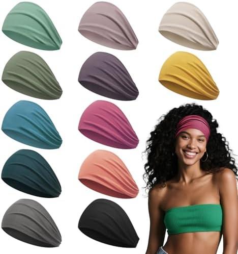 Z-CHARMMY Head Bands for Women's Hair, Wide Headbands for Women Non-slip, Fabric Nurse Headbands for Women, Elastic Workout Hair Bands, 12 Solid Colors