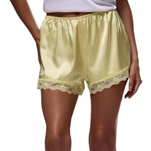 Women Satin Pajama Bottoms Lace Trim Silk Lounge Shorts Low Elastic Waist Panties French Knickers Slip Boxer Shorts (Small)