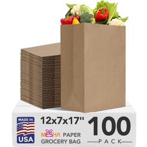 Mesha 100Pcs Paper Grocery Bags 12 x 7 x 17 Inches Bulk, Heavy Duty 60 Lbs Kraft Brown Paper Bag, Large Grocery Kraft Sacks -Takeout, Restaurant, Retail, Shopping