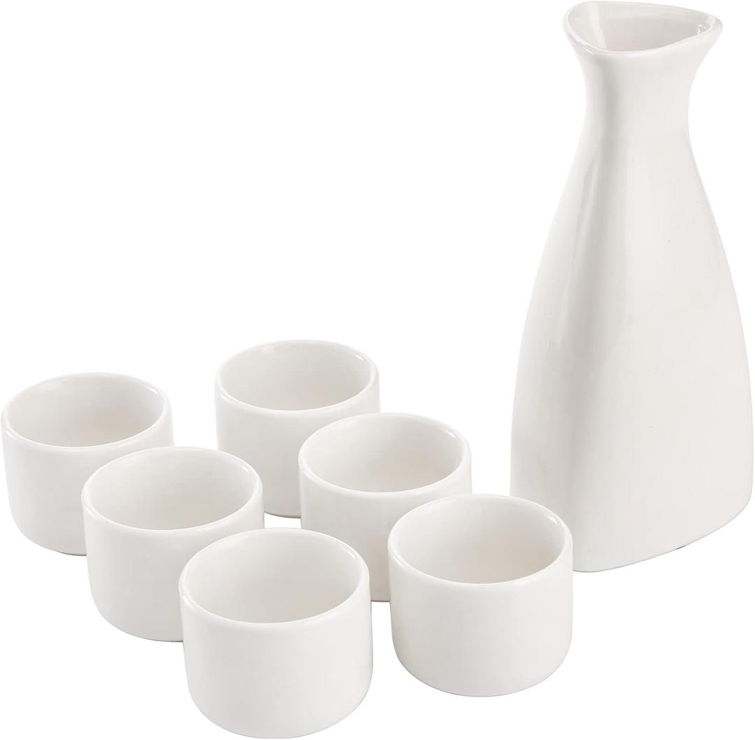 Tosnail 7 Pieces Ceramic Japanese Sake Set, 1 Serving Carafe and 6 Cups - White