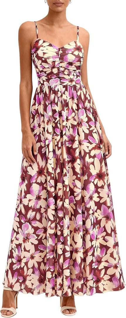 PRETTYGARDEN Women Summer Floral Maxi Dress 2026 Spirng Spaghetti Strap Mesh Boho Sundress Party Beach Vacation Long Dresses (Floral Brown Beige, XL)