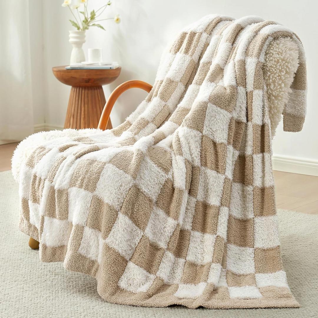 Snuggle Sac Checkered Throw Blanket Faux Fur Microfiber Blankets for Couch, Cozy Soft Warm Blanket for Sofa Bedroom Living Room, Beige Checker, 50x60 inches