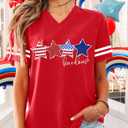 ALLTB America Flag Shirt Women Sequin Stars Freedom T-Shirt Red White and Blue Shirts 4th of July V Neck Tops (Red, S)