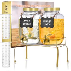 1 Gallon Glass Drink Dispenser Set of 2  Drink Dispensers for Parties, Beverage Dispenser with Stand & 100% Leakproof Spigot, Ideal for Lemonade, Juice, Iced Tea, Laundry Detergent Dispenser