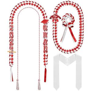 Canlierr 18 Pcs Graduation Leis and Stole and Honor Cords 2025 Braided Necklace Adjustable for Student Graduation Gifts Party Supplies(Red and White)