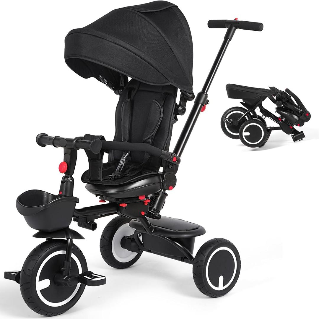 CITELER Baby Tricycle, 7-in-1 Folding Kids Trike with Adjustable Parent Handle, Safety Harness & Wheel Brakes, Removable Canopy, Storage, Stroller Bike Gift for Toddlers 12 Months - 5 Years, Black