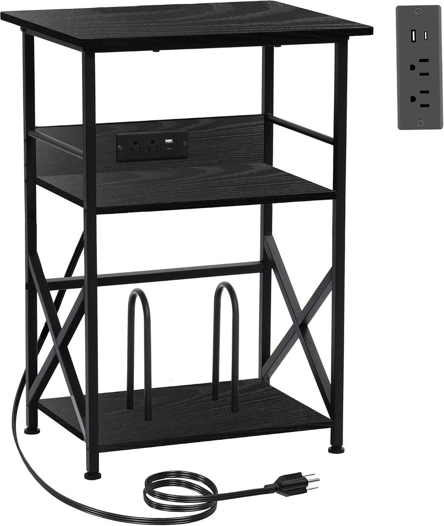 DALEMHOME Record Player Stand with Charging Station, 3-Tier Side Table for 100 Vinyl Storage, End Table for Living Room, Bedroom, Black HKET1002BK, 18.9" W x 15.8" D