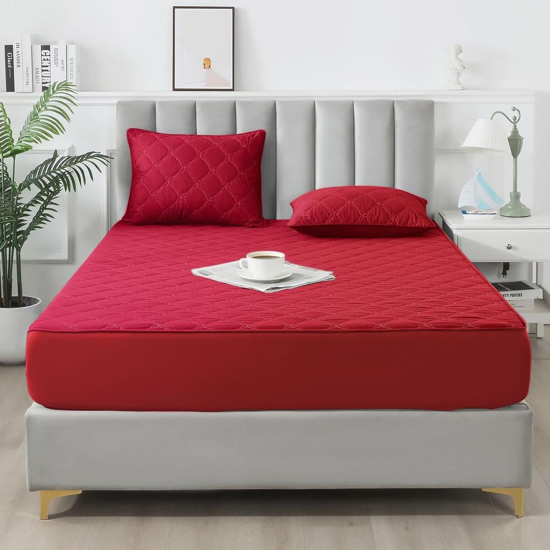 Waterproof Mattress Protector - Queen Size Mattress Pad Silent & Fitted Sheet Style | Full Bed Protection for Kids, Pets, Adults | Hypoallergenic, Machine Washable (Red, Queen)