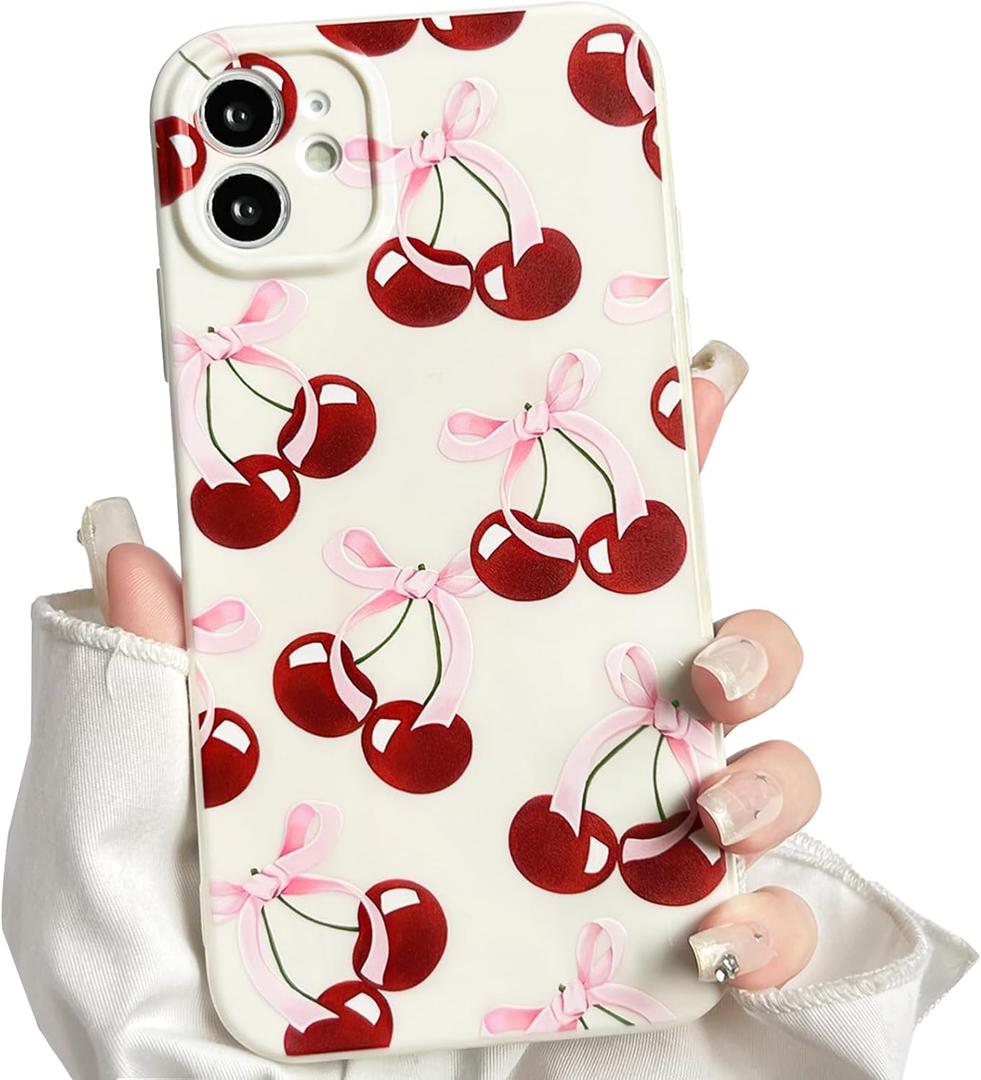 NITITOP Compatible with iPhone 11 Case Aesthetic Cute Bow Knot Cherry Pattern for Women Girls Trendy Bowknot Ribbon Slim Fit TPU Bumper Shockproof Full Camera Protection Cover - White