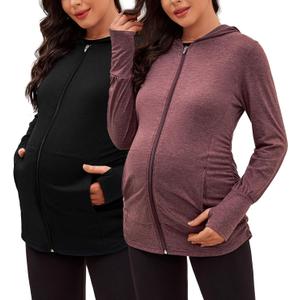 DEBELLY Maternity Sweatshirts Long Sleeve Full Zip Hoodie Casual Pregnancy Women Jacket Top with Pockets,Thumb Hole,Side Ruch (Large, Black and Burgundy)