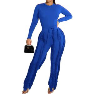 EDITCOZY Women Sexy Two Piece Outfits Fringe Pants Set Long Sleeve Club 2 Piece Going Out Birthday Party Night (Medium, Royal Blue)