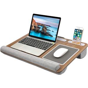 HUANUO Lap Desk - Fits up to 17 inches Laptop Desk, Built in Mouse Pad & Wrist Pad for Notebook, Laptop, Tablet, Lap Stand with Tablet, Pen & Phone Holder, Brown Woodgrain